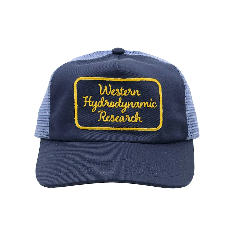 [WESTERN HYDRODYNAMIC RESEARCH] Script Trucker Hat (Navy / Gold)